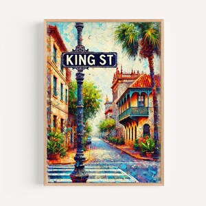 May include: A painting of a street scene with a sign that reads "KING ST". The street is lined with colorful buildings and palm trees. The painting is done in a painterly style with visible brushstrokes.