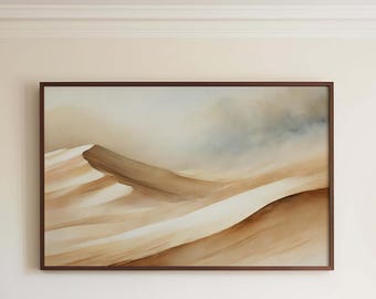 May include: A framed abstract watercolor painting of a desert landscape with soft, flowing lines in shades of brown and beige.