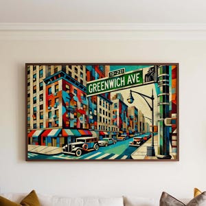 Greenwich kubisme muurkunstdruk – Greenwich Avenue reisposter, Connecticut cadeau en souvenir modern decor