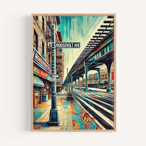 Roosevelt Ave Print - Queens Travel Poster, New York Wall Art, Housewarming Gift, NYC Map Decor, Roosevelt Avenue Artwork, Queens Gift Idea