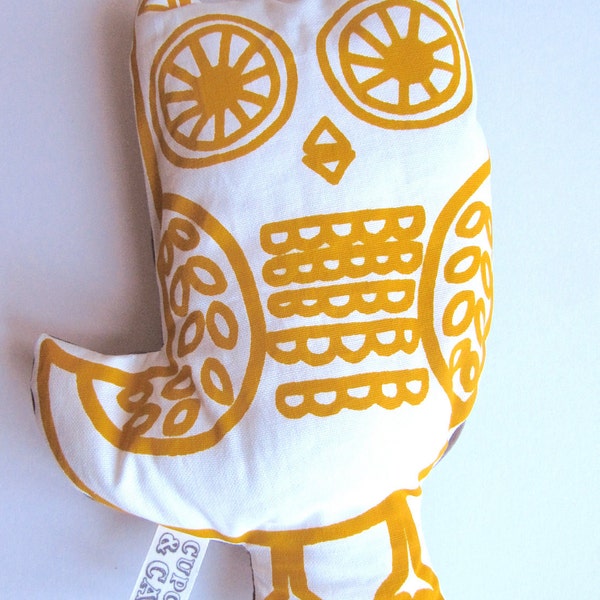 SALE Owl Plushy - in yellow & grey spotty print