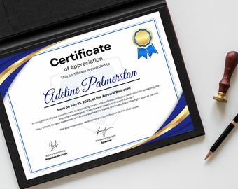 May include: A certificate of appreciation in a black folder, with blue and gold detailing. The certificate is awarded to Adeline Palmerston. A pen and a stamp are next to the certificate.