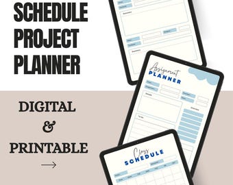 May include: Three digital printable planners for scheduling, assignments, and class schedules. The planners are displayed on tablet screens with blue and white backgrounds and text.