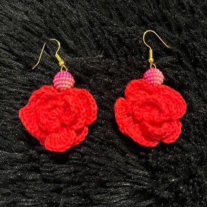 handmade crochet earrings red rose flower
