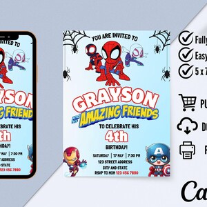 Kids Spidey Birthday Invitation, Superhero Birthday Invite, Watercolor Spidey Invitation, Spidey and His Amazing Friends Bday