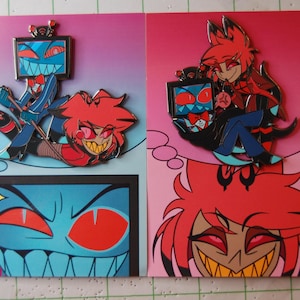 Hazbin Hotel RadioStatic PWNAGE Fight Emalj Pin Alastor Vox VoxAl I LAGER