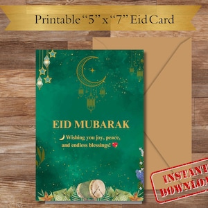 Elegante cartão Eid verde esmeralda | Cartão de saudação islâmico | Presente Eid Mubarak