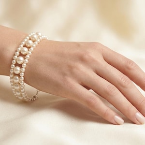 Multi-Strand Pearl Cuff Bracelet, Vintage Hollywood Glamour Bridal Jewelry