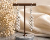 Faux Pearl Cluster Drop Earrings, Woven Grapevine Dangle, Bridal Boho Chic Jewelry