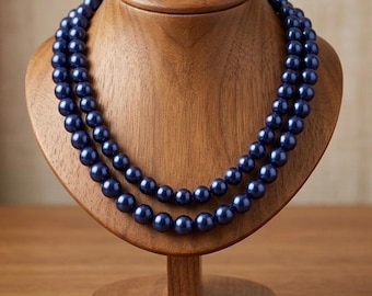 Dark Blue Pearl Necklace, Navy Statement, Multi-Strand Jewelry, Sterling Clasp