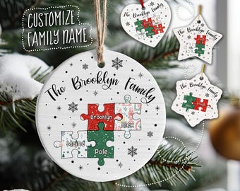 Personalized Puzzle Piece Ornament, Custom Family Name Christmas Ornament, Puzzle Piece Ceramic Ornament, Christmas Gift