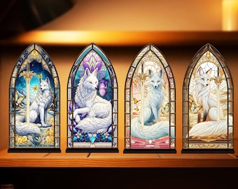 Quicksilver Stained Glass Book Nook , Fox And Sword Panel Sign, Onyx White Fox Decoration Book Nook, Illuminated Handmade Gift