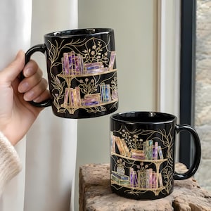 Stained-Glass Style Floral Bookshelf Coffee Mug, Book Lover Mug Gift, Bookish Coffee Mug, Stained Glass Gift, Library Cup Full Black