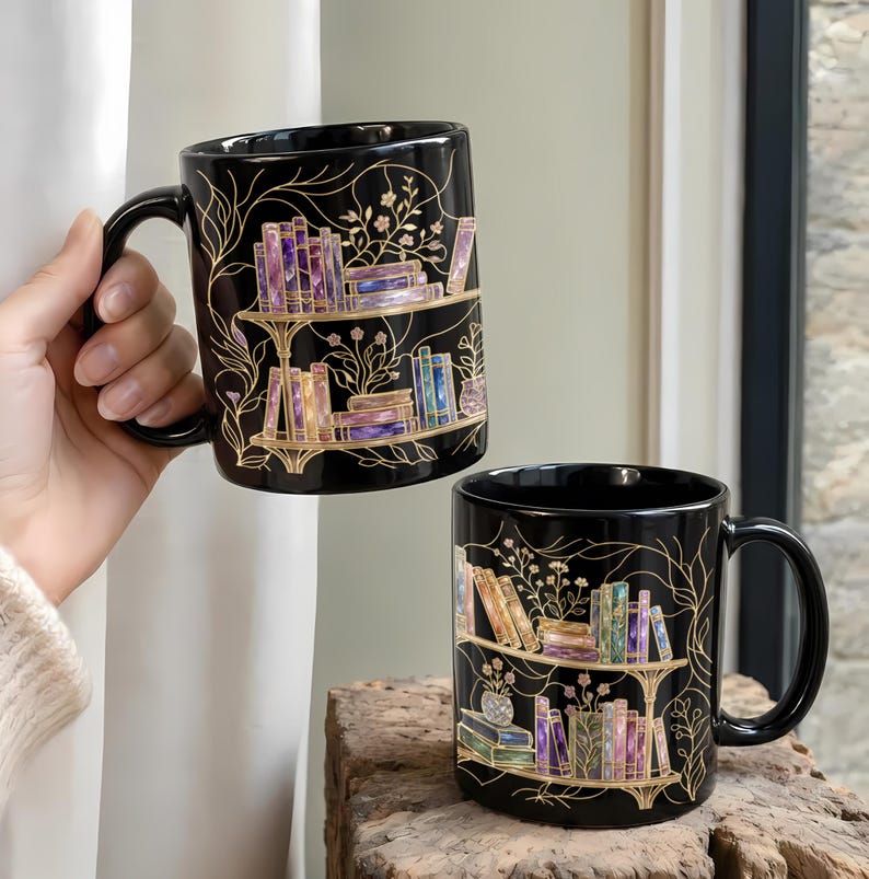 Stained-Glass Style Floral Bookshelf Coffee Mug, Book Lover Mug Gift, Bookish Coffee Mug, Stained Glass Gift, Library Cup Full Black