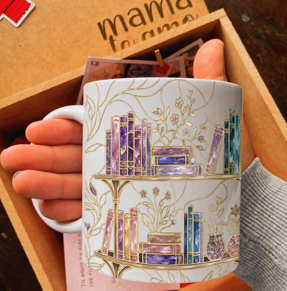 Stained-Glass Style Floral Bookshelf Coffee Mug, Book Lover Mug Gift, Bookish Coffee Mug, Stained Glass Gift, Library Cup