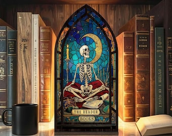 The Reader Tarot Book Nook, Skeleton Reader Tarot Card, Book Lover Gift, Witchy Reading Nook Art, Bookish Witchy Library Decor