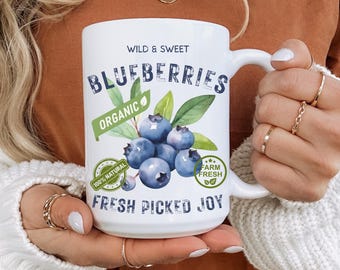 Blueberry Fruit Mug Organic Farm Fresh Coffee Cup Cute Kitchen Decor Gift Vintage Produce Mug Blue Berry Lover Mug Fruit Print Birthday Gift