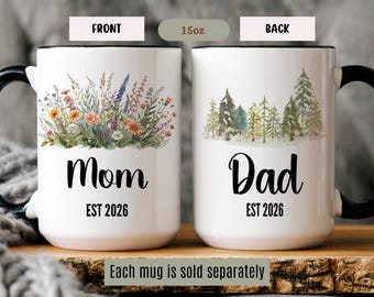 Pregnancy Announcement Coffee Mug Set, Mom Dad Est 2026