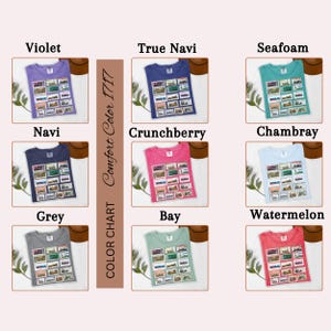 May include: A color chart of Comfort Color 1717 t-shirts in various hues, including Violet, True Navi, Seafoam, Navi, Crunchberry, Chambray, Grey, Bay, and Watermelon. Each shirt displays a rectangular graphic.