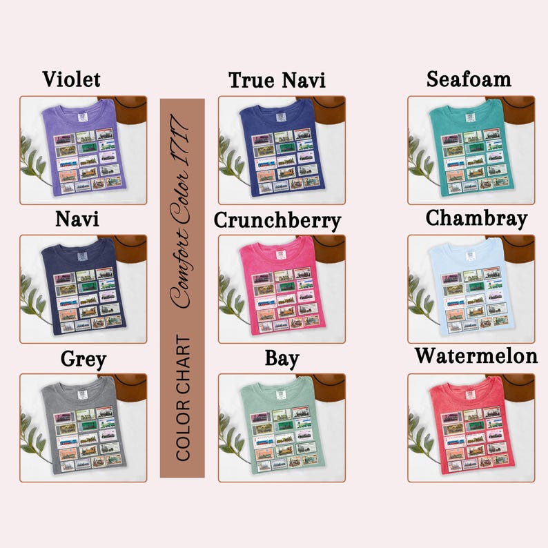 May include: A color chart of Comfort Color 1717 t-shirts in various hues, including Violet, True Navi, Seafoam, Navi, Crunchberry, Chambray, Grey, Bay, and Watermelon. Each shirt displays a rectangular graphic.