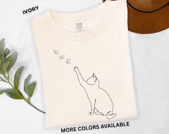 Minimalist Cat Line Art Shirt, Cute Cat and Butterflies Tee, Aesthetic Pet Lover Gift, Line Cat Shirt, Retro Y2k Kitten T-shirt