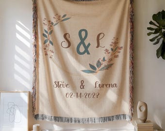 Personalized Wedding Blanket with Names & Date, Custom Woven Cotton Throw, Anniversary Gift for Couple, Engagement Gift Keepsake