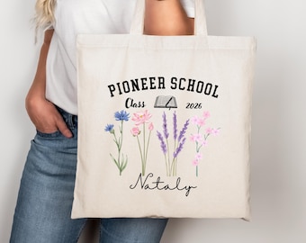 Personalized Pioneer School Tote Bag, Floral Design, Custom Name & Class Year