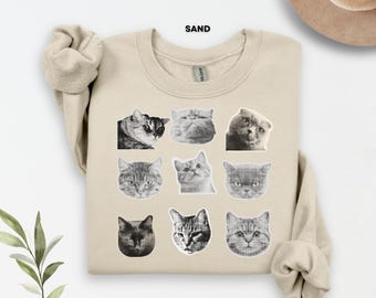 Cat Lover Sweatshirt Gildan 18000, Vintage Cat Faces Crewneck, Grunge Cat Collage Sweater, Pet Lover Gift, Cat Mom Sweater
