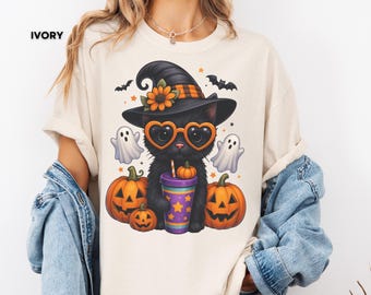 Black Cat Halloween Shirt Cute Witch Kitty & Pumpkins Graphic Tee Funny Halloween T-Shirt Gift Spooky Season Shirt Black Cat Fall Shirt