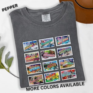 T-shirt de voyage aux États-Unis avec carte postale vintage, salutations rétro des États-Unis, cadeau d'envie de voyager, timbre-poste de chemise
