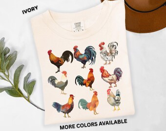Camiseta con diseño de gallo, estilo campestre, con gráficos de granja, colores cómodos para amantes de los pollos, estilo rústico cottagecore, regalo de granja, camiseta para amantes de los gallos