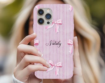 Personalized Pink Bow Phone Case, Custom Name Case for iPhone & Samsung, Coquette Stripe Design, Gift for Her