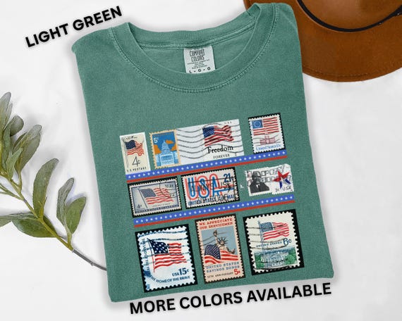 Vintage USA Postage Stamp Shirt Patriotic American Flag Tee Retro 4th of July T-Shirt Freedom Graphic Tee, Stam Collector Tee Postal Shirt