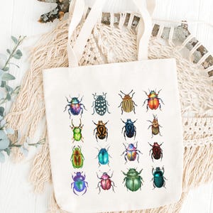 Beetles Tote Bag Colorful Insect Art Gift for Entomologists, Teachers, Bug Lovers Nature-Inspired Canvas Bag Entomology Gift Idea Eco Tote