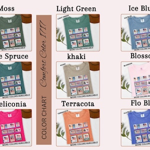 May include: A color chart displays t-shirts in various colors, including moss, light green, ice blue, blue spruce, khaki, blossom, heliconia, terracotta, and flo blue. Each shirt features a graphic of postage stamps. The text "MORE COLORS AVAILABLE" is visible.