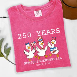 May include: A pink Comfort Colors t-shirt with the text "250 YEARS SEMIQUINCENTENNIAL SINCE 1776". The shirt features a graphic of three cartoon ducks wearing patriotic accessories and holding an American flag.