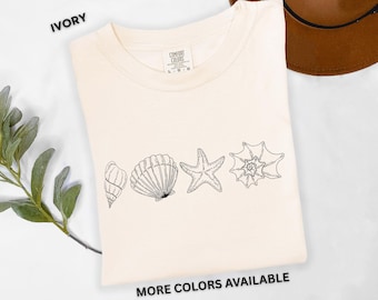 Minimalist Seashell Shirt Starfish Beach Line Art Tee Coastal Summer Beach Comfort Colors Shirt Ocean Lover Aesthetic Gift Seashell T-Shirt