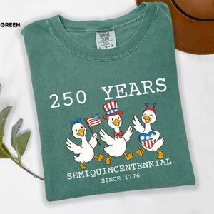 May include: Light green t-shirt with the text "250 YEARS SEMIQUINCENTENNIAL SINCE 1776". The shirt features a graphic of three cartoon ducks wearing patriotic hats and holding flags. A brown hat is visible in the background.