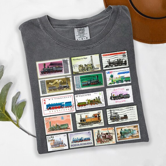 Vintage Train Postage Stamp Shirt Retro Locomotive Graphic Tee for Men or Women Travel Gift for Train Lovers Unique Railway Top Stamp Shirt