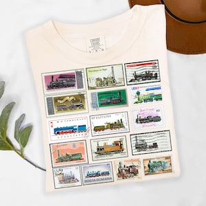 Vintage Train Postage Stamp Shirt Retro Locomotive Graphic Tee for Men or Women Travel Gift for Train Lovers Unique Railway Top Stamp Shirt image 2