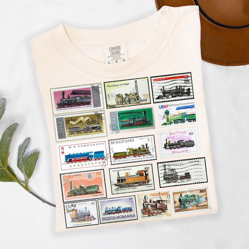 Vintage Train Postage Stamp Shirt Retro Locomotive Graphic Tee for Men or Women Travel Gift for Train Lovers Unique Railway Top Stamp Shirt image 2