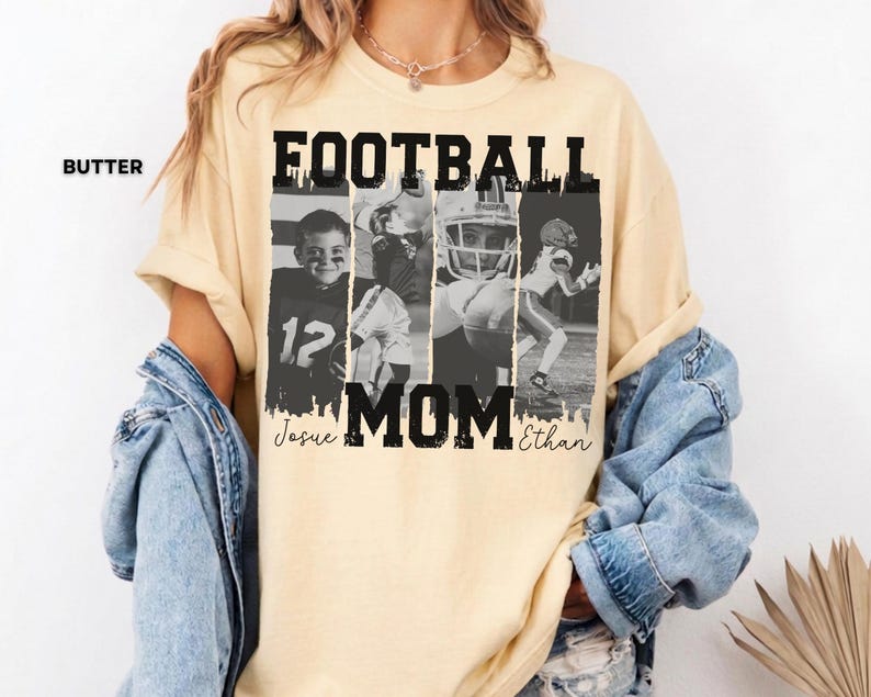 May include: Butter-colored t-shirt with the text "FOOTBALL MOM" in black block letters. The shirt features a collage of black and white photos of football players. The names "Josue" and "Ethan" are printed below the word "MOM".