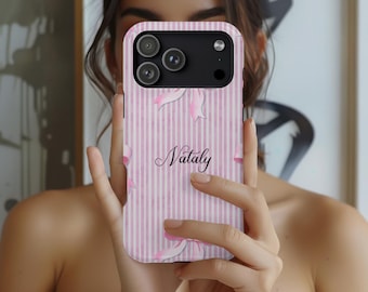 Funda personalizada para móvil con lazo rosa, funda con nombre personalizado para iPhone y Samsung, diseño de rayas coquetas, regalo para ella