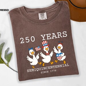 May include: Espresso-colored t-shirt featuring a graphic of three cartoon ducks celebrating with American flag imagery. The text reads "250 YEARS SEMIQUINCENTENNIAL SINCE 1776". The shirt is a Comfort Colors brand.