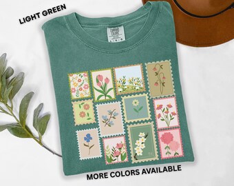 Floral Postage Stamp Shirt Retro Botanical Flowers Tee Comfort Colors Pastel Bloom Aesthetic Flowers Postal Stamp T-shirt Nature Lover Gift
