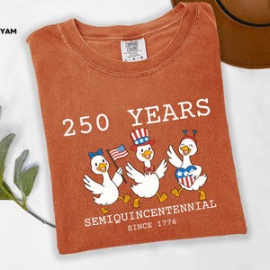 May include: Rust-colored t-shirt with the text "250 YEARS SEMIQUINCENTENNIAL SINCE 1776." Features a graphic of three cartoon ducks wearing patriotic hats and holding American flags. A brown hat is visible in the background.