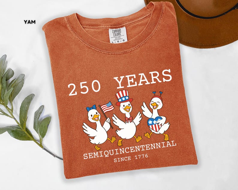 May include: Rust-colored t-shirt with the text "250 YEARS SEMIQUINCENTENNIAL SINCE 1776." Features a graphic of three cartoon ducks wearing patriotic hats and holding American flags. A brown hat is visible in the background.