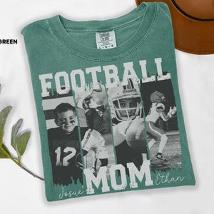 May include: Light green t-shirt with the words "FOOTBALL MOM" in white block letters. The shirt features four black and white photos of a football player. The name "Ethan" is written in script below the words "FOOTBALL MOM".