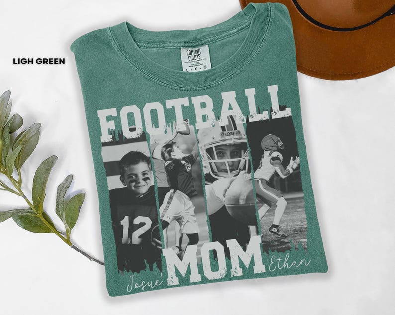 May include: Light green t-shirt with the words "FOOTBALL MOM" in white block letters. The shirt features four black and white photos of a football player. The name "Ethan" is written in script below the words "FOOTBALL MOM".