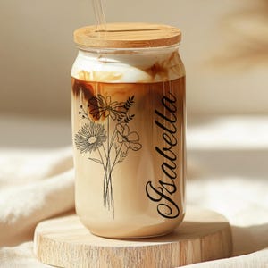Personalized Glass Tumbler with Straw Personalized Iced Coffee Cup Retro with Lid and Straw Bridesmaid Gift Idea Bachelorette Glass Cup Gift